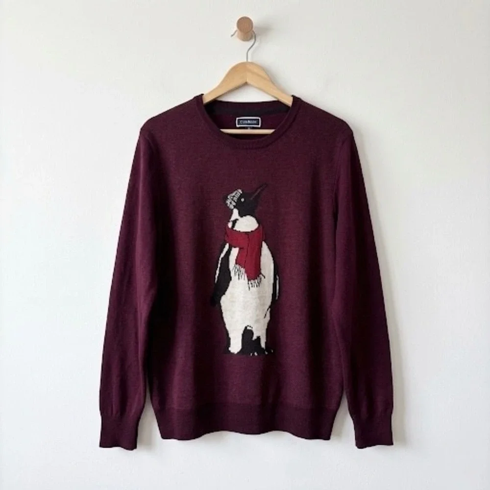 Club Room Mens Merino Wool Blend Penguin Sweater Burgundy Red Large Intarsia